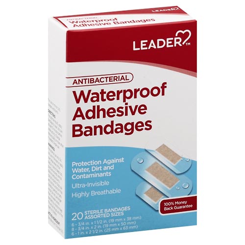 Image for Leader Adhesive Bandages, Antibacterial, Waterproof, Assorted Sizes,20ea from Cheffy Drugs LLC